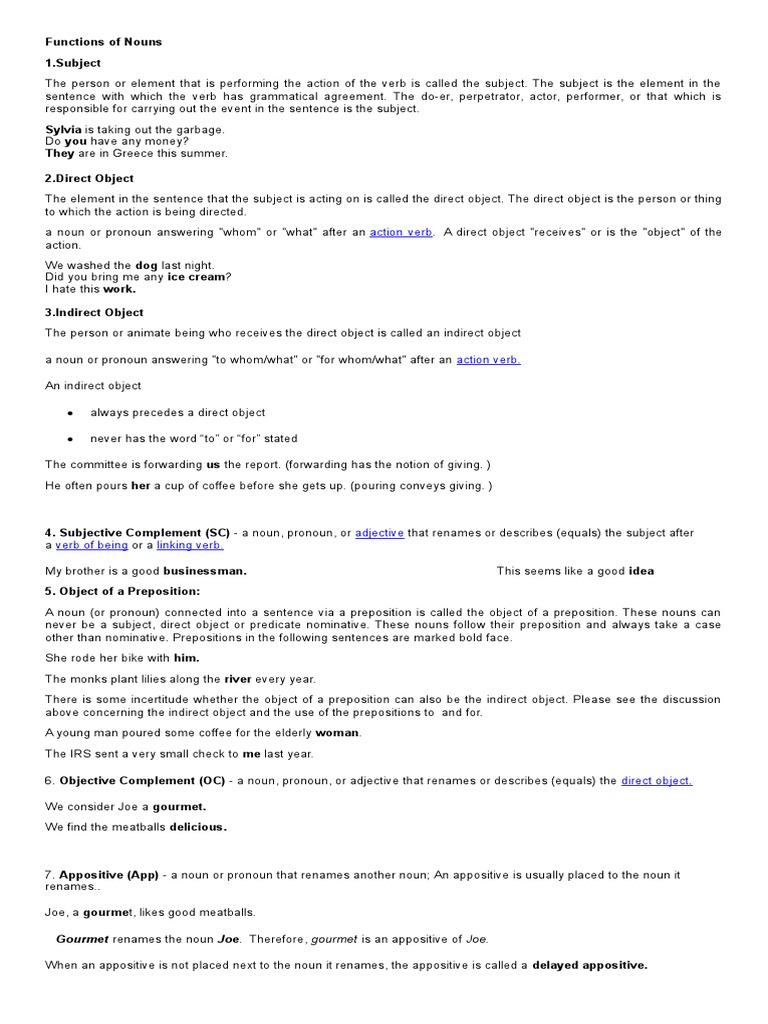 Action Verb Functions of Nouns 1.subject PDF Object (Grammar) Verb