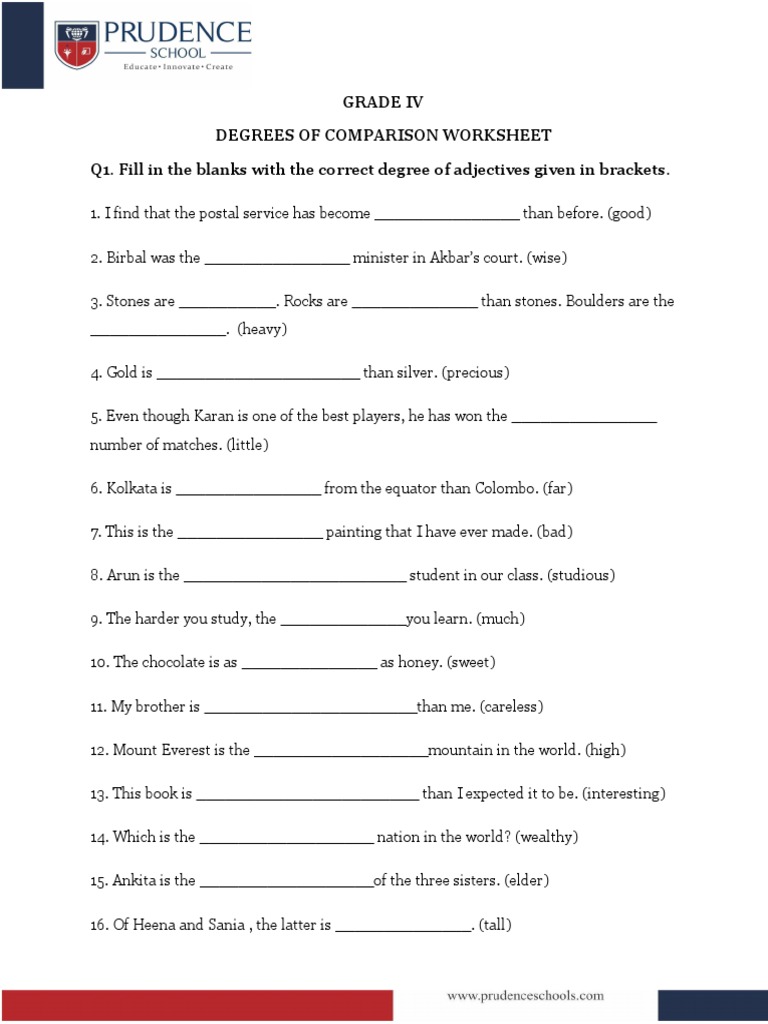 Degrees of Comparison Worksheet PDF