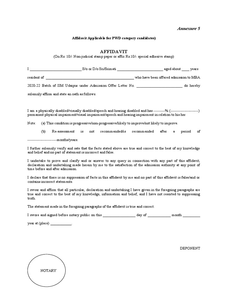 PWD Affidavit for IIM Udaipur Admission | PDF | Business | Finance ...