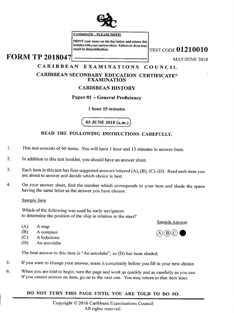 Csec Caribbean History P1 Jun 2018 Pdf