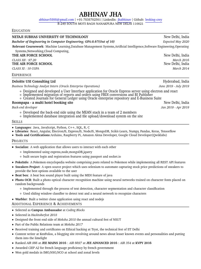 Abhinav Jha: Computer Engineer Resume | PDF | Optical Character ...