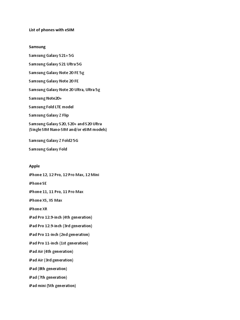 List of ESIM Phones PDF
