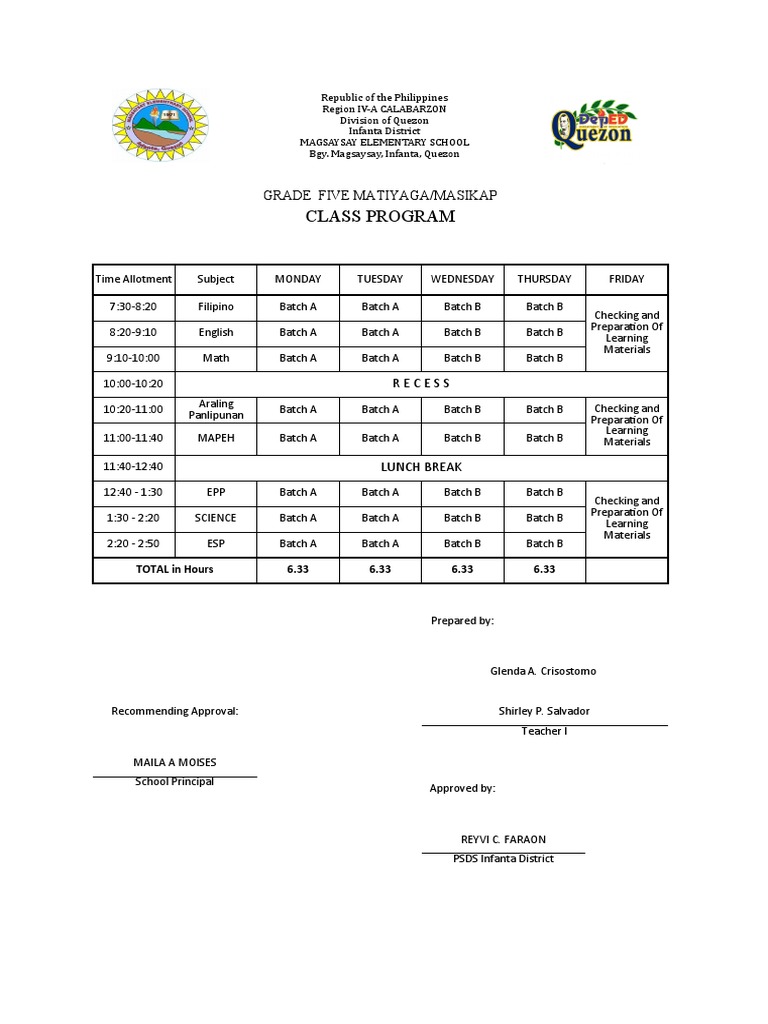 Grade 5 Class Schedule Overview | PDF | Schools | Government
