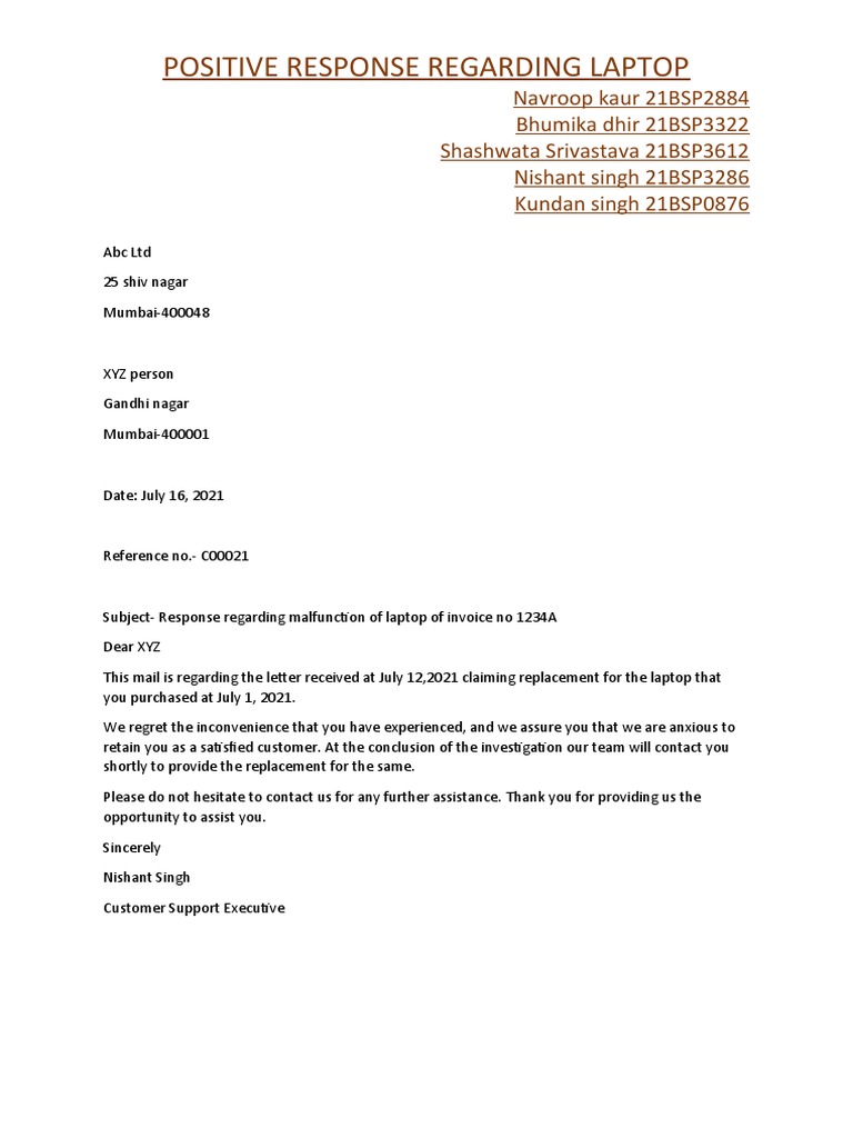 Positive Response Regarding Laptop | PDF