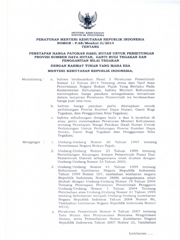 Permenhut Nomor 68 Tahun 2014 Tentang Penetapan Harga Patokan Hasil ...