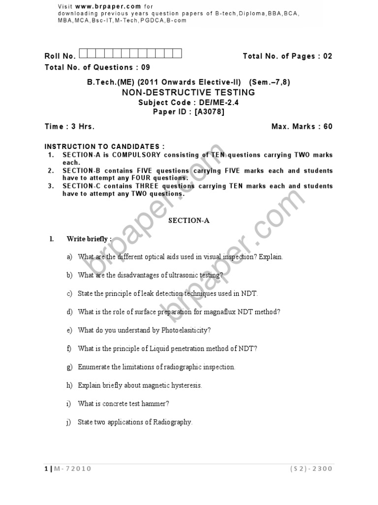 NDT Question Paper-1 | PDF | Nondestructive Testing | Electromagnetic ...