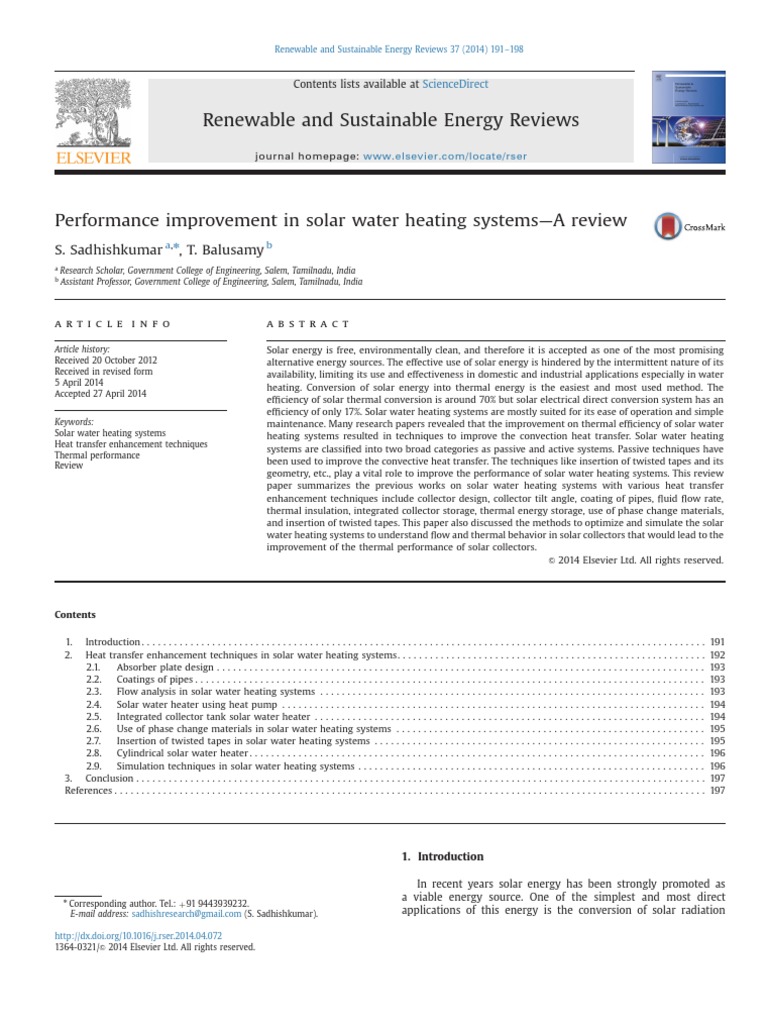 Performance Improvement in Solar Water Heating Systems | PDF | Solar ...