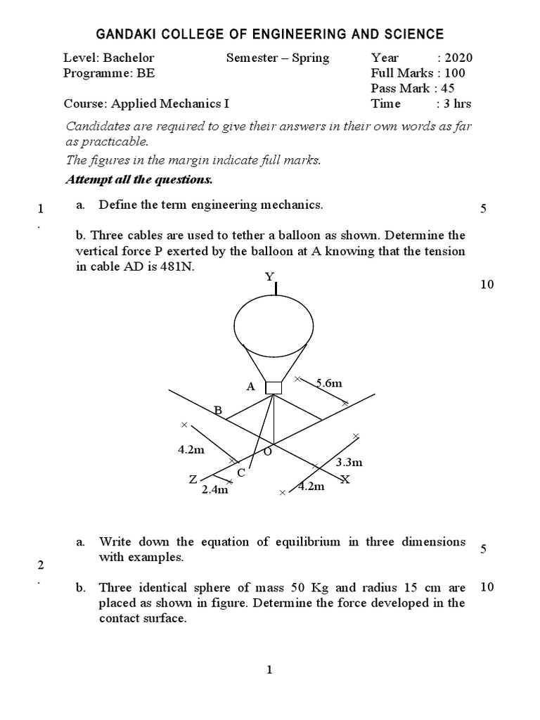 Applied Mechanics I Exam Spring 2020 | PDF | Acceleration | Velocity