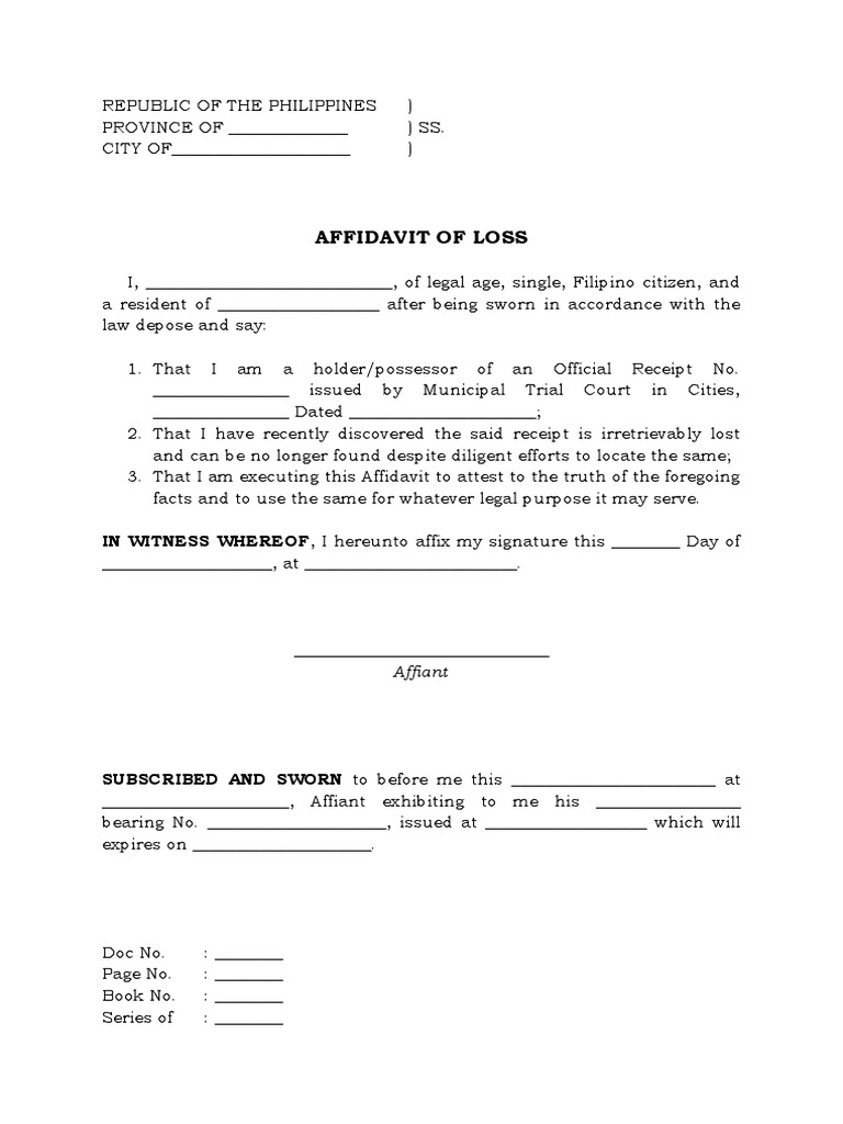 Affidavit of Loss for Official Receipt | PDF