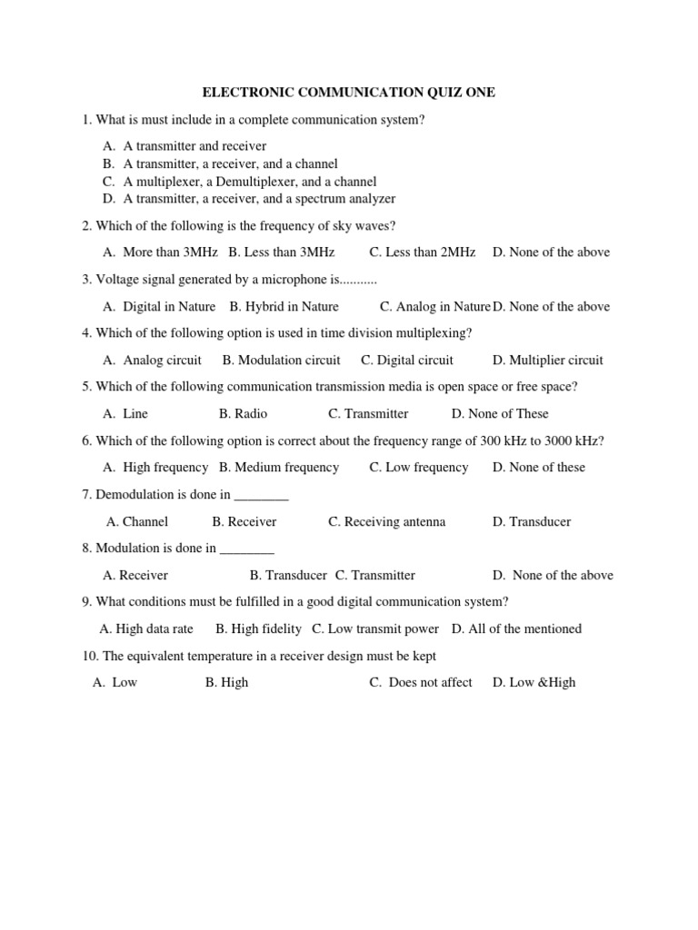 Electronic Communication Quiz Questions | PDF | Transmission Medium ...