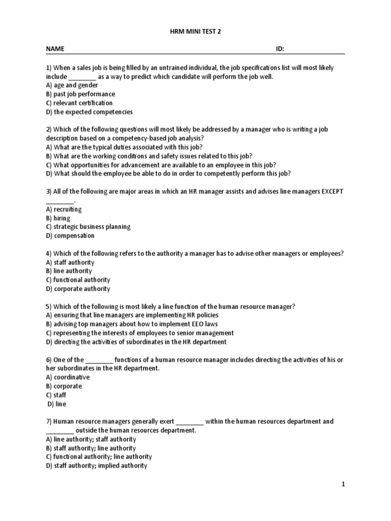 HRM Mini Test: Job Analysis and Roles | PDF | Human Resource Management ...