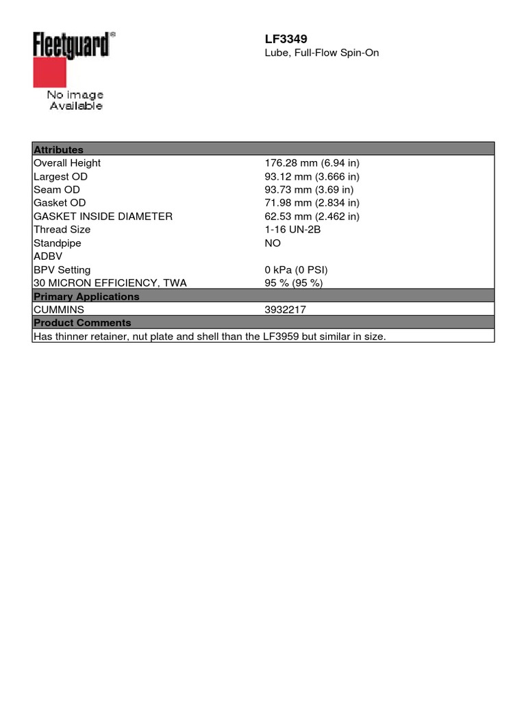 LF3349 Oil Filter Specifications | PDF