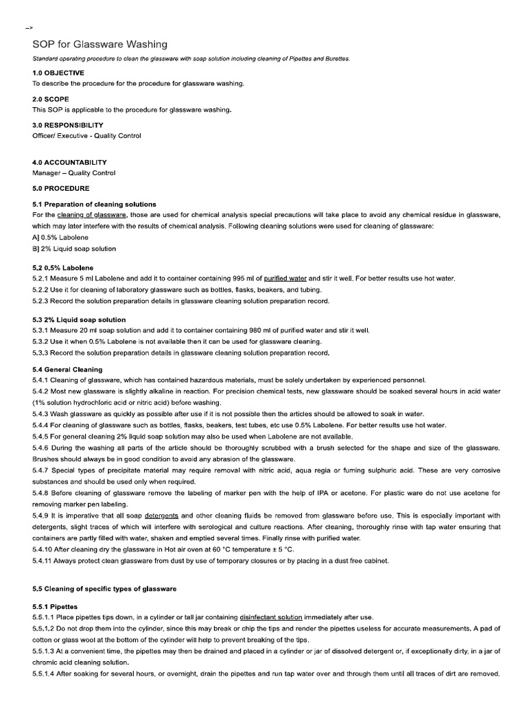 SOP For Glassware Washing Pharmaceutical Guidelines PDF