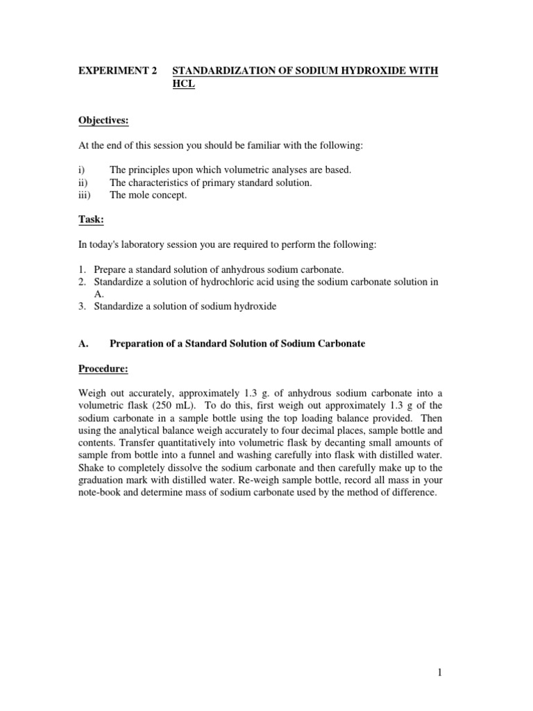 Standardization of NaOH with HCl Lab | PDF | Titration | Chemistry