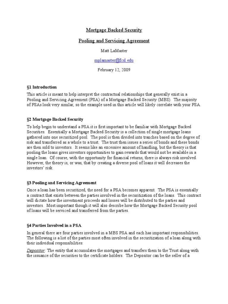 PSA Analysis Outline by Law Clerk 2 2009 Security Interest Mortgage