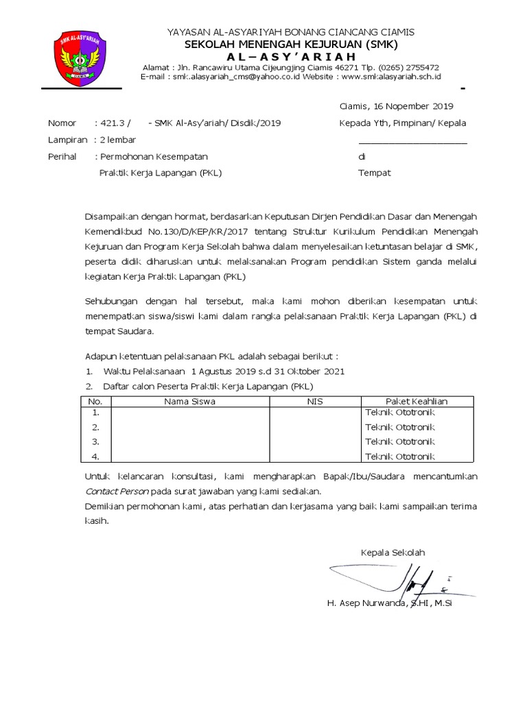 Permohonan PKL SMK Al-Asy'ariah | PDF
