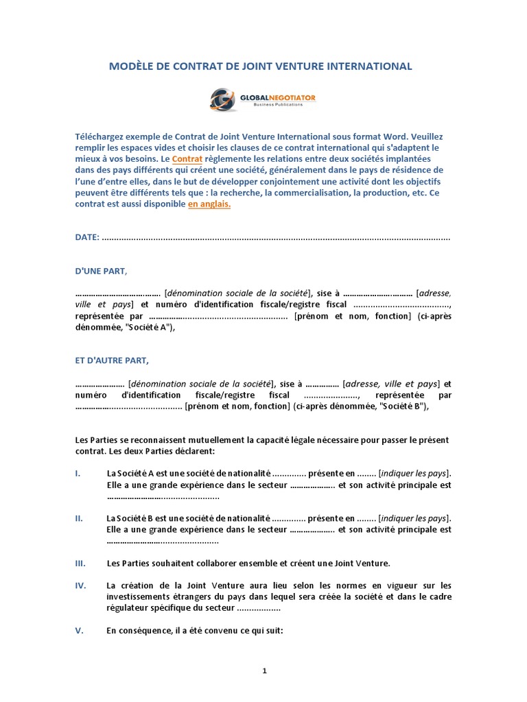 Modele Contrat Joint Venture International Exemple | PDF | Arbitrage ...