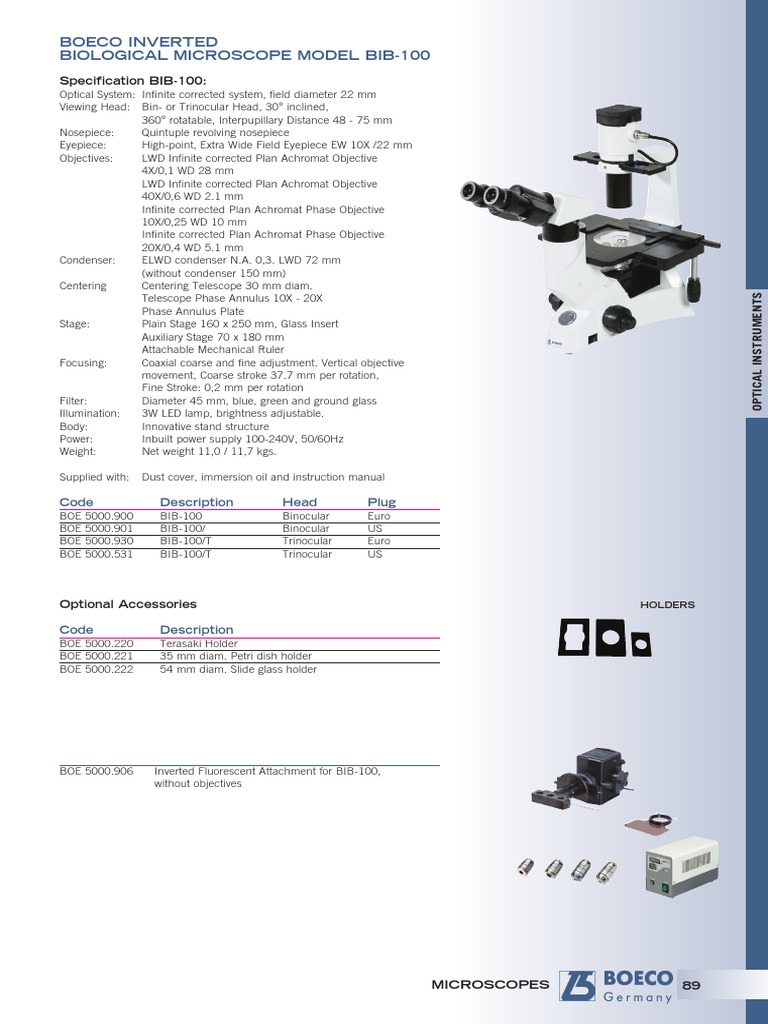 Boeco BIB-100 Inverted Microscope Specs | PDF | Home & Garden | Science ...
