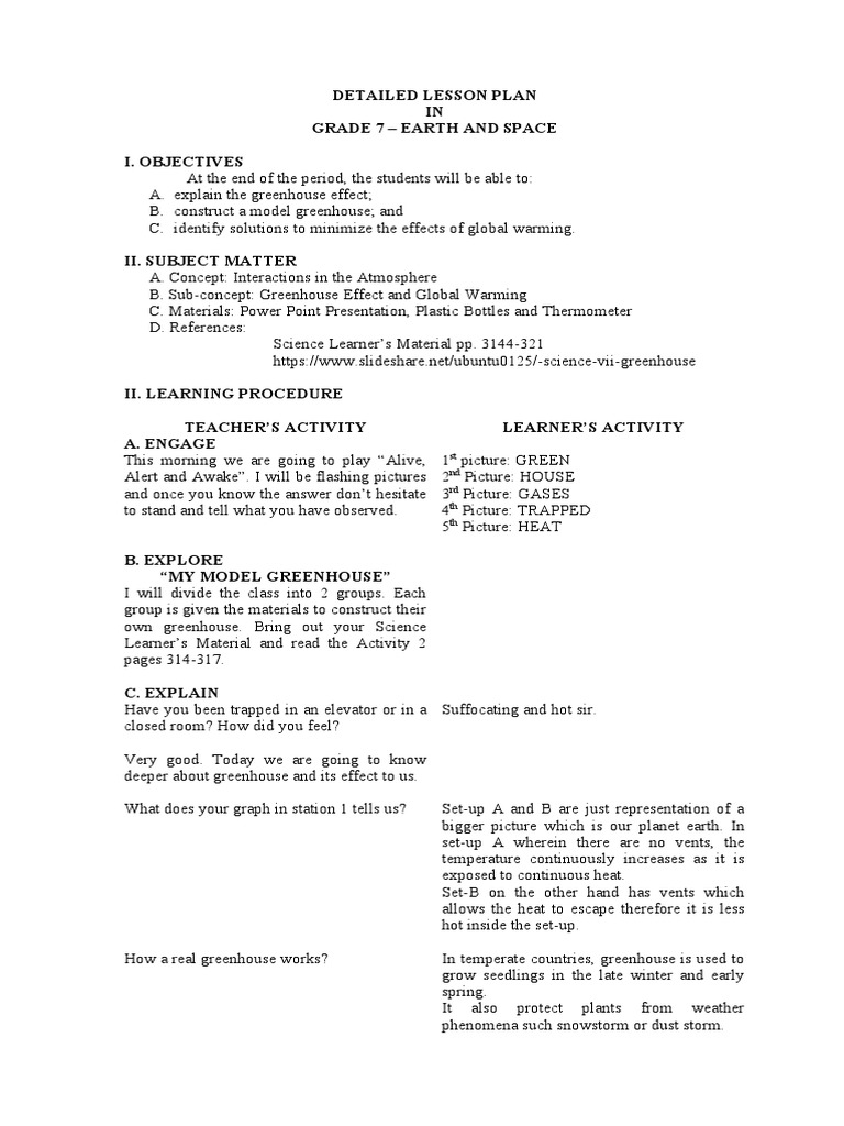 Greenhouse Effect Lesson Plan for Grade 7 | PDF | Greenhouse Effect ...