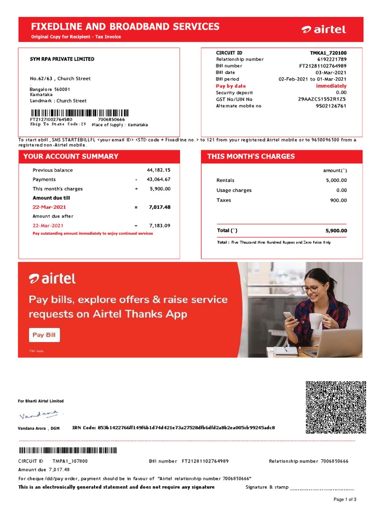 Airtel Invoice PDF Payments Government Finances