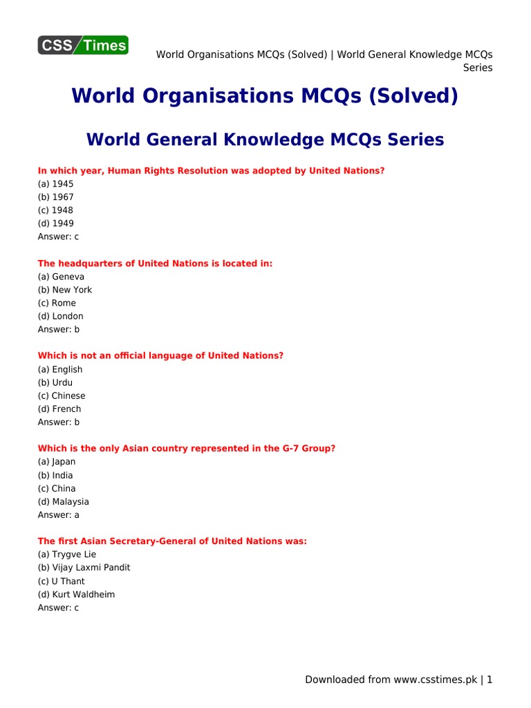 UN Organizations MCQs Overview | PDF | United Nations | World Politics