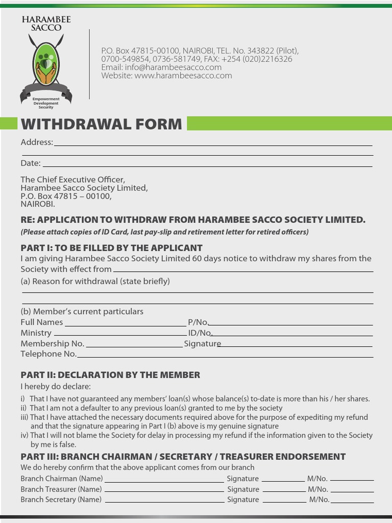 Withdrawal Form: Re: Application To Withdraw From Harambee Sacco ...