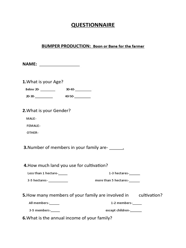 ECONOMICS PROJECT QUESTANNAIRE of Bumper Production PDF Agriculture