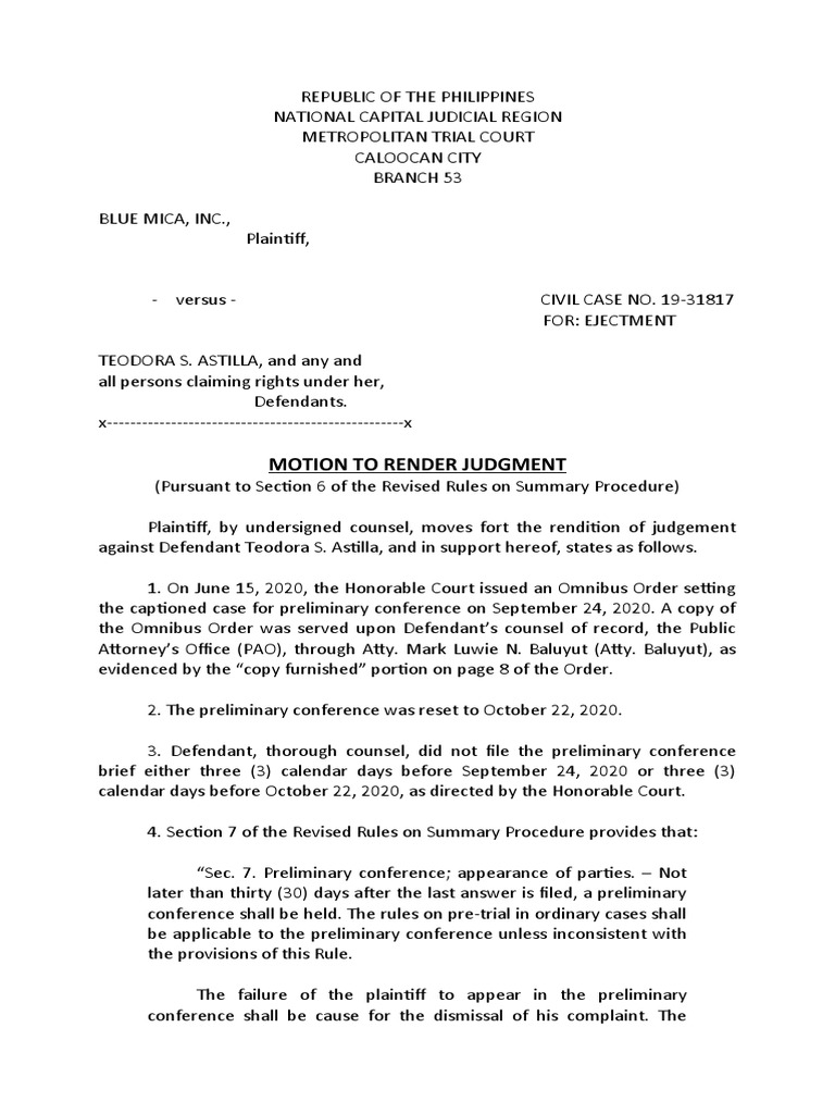 Motion for Judgment in Ejectment Case | PDF | Lease | Complaint