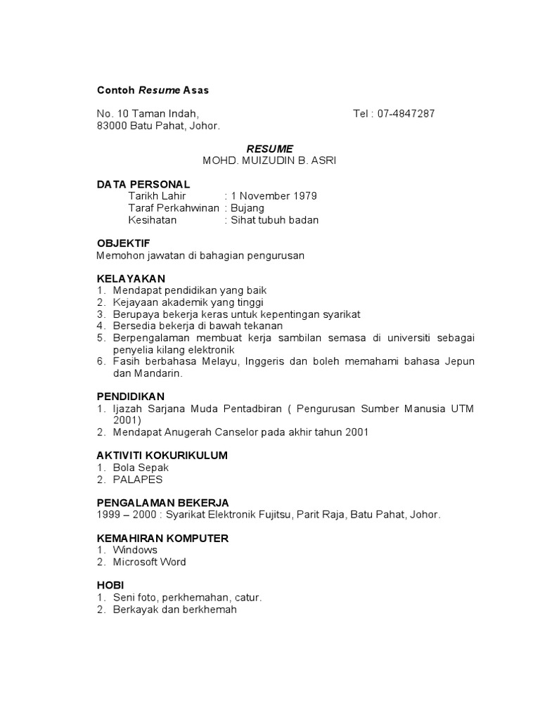 Contoh Resume Asas Pdf