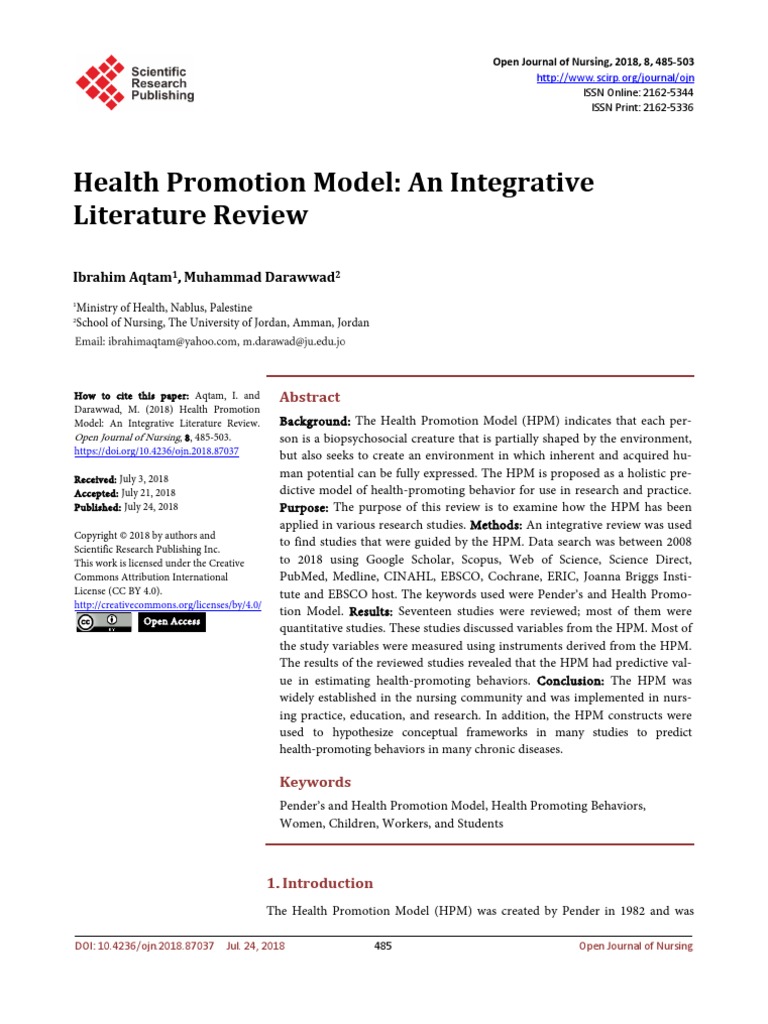 Health Promotion Model An Integrative | PDF | Self Efficacy | Social ...