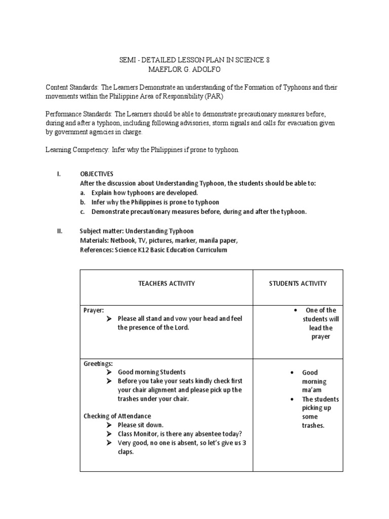 Semi Detailed Lesson Plan | PDF | Tropical Cyclones | Lesson Plan