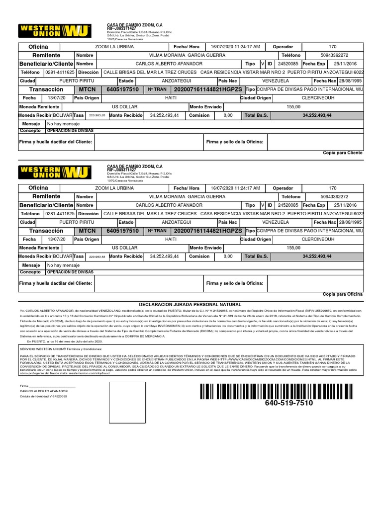Recibos WU 16072020 202007161144821HGPZS PDF Western Union