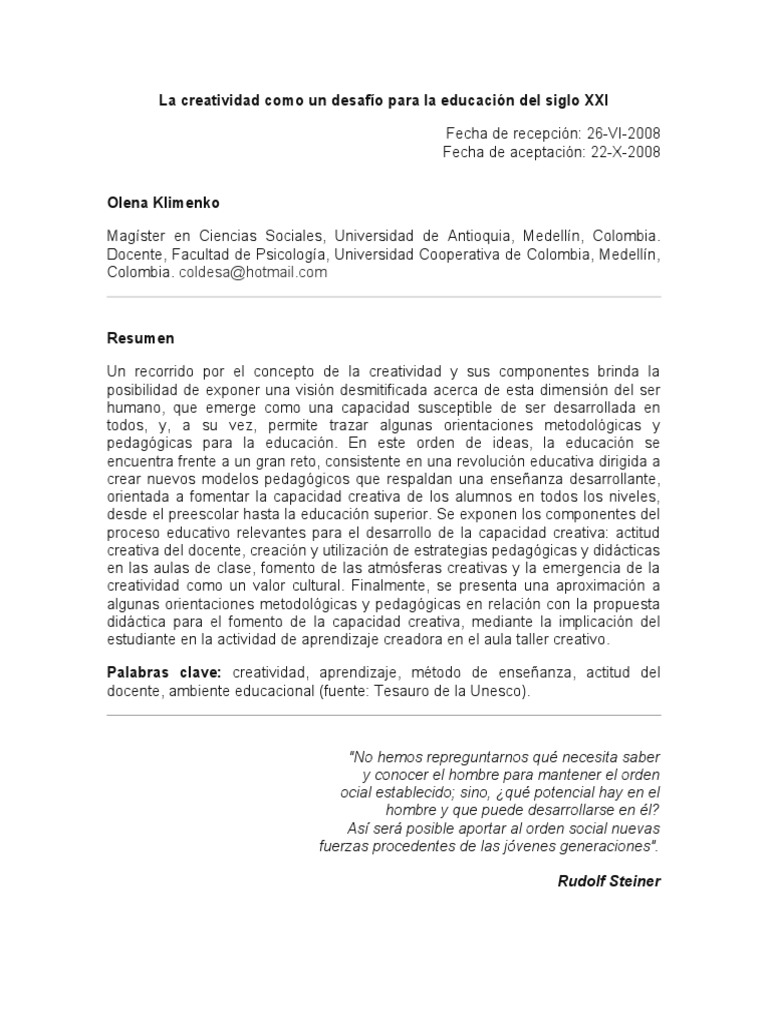 La Creatividad Como Un Desafío para La Educación Del Siglo XXI | PDF ...