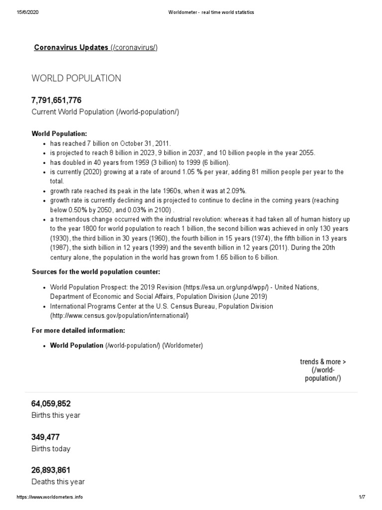 Worldometer Estadísticas de Tiempo Real 2020 PDF World Population