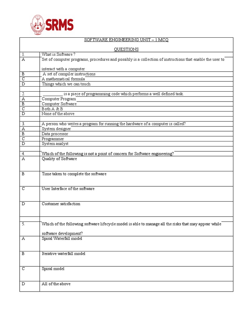 All MCQ of Software Engineering Unit 1,2,3,4,5.docx Answer Key PDF