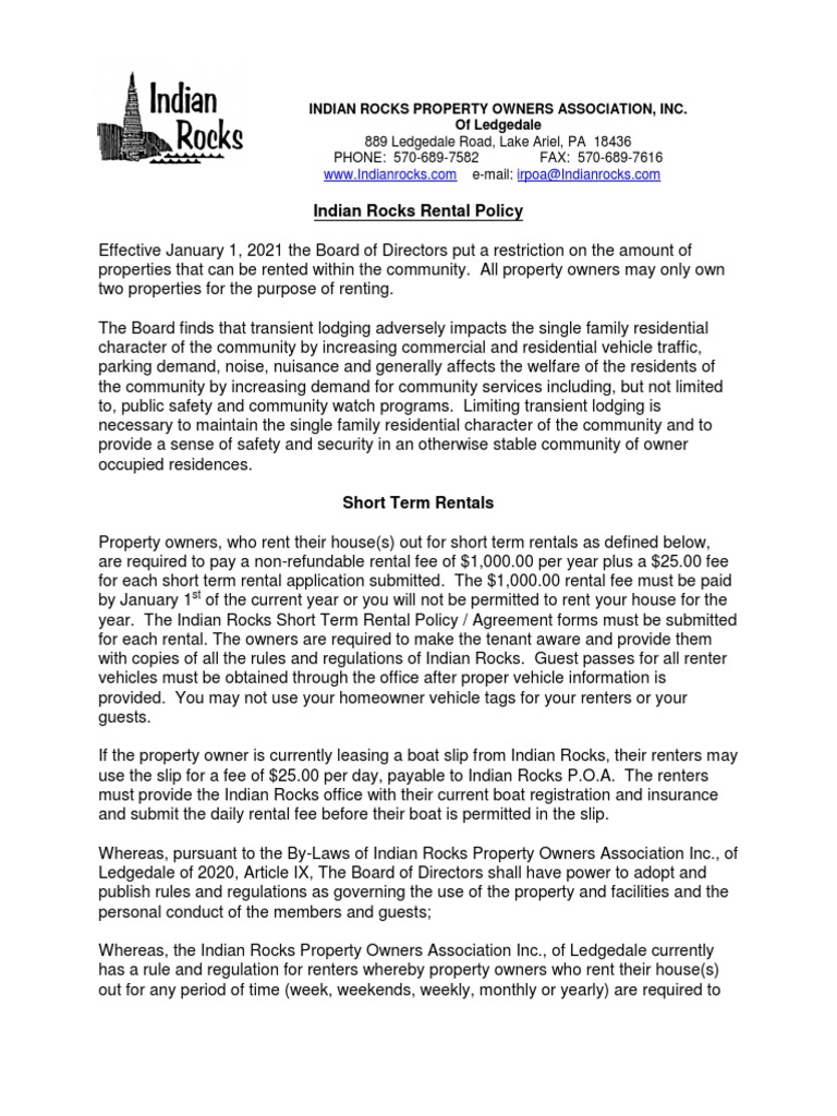Indian Rocks Rental Policy Indian Rocks Property Owners Association