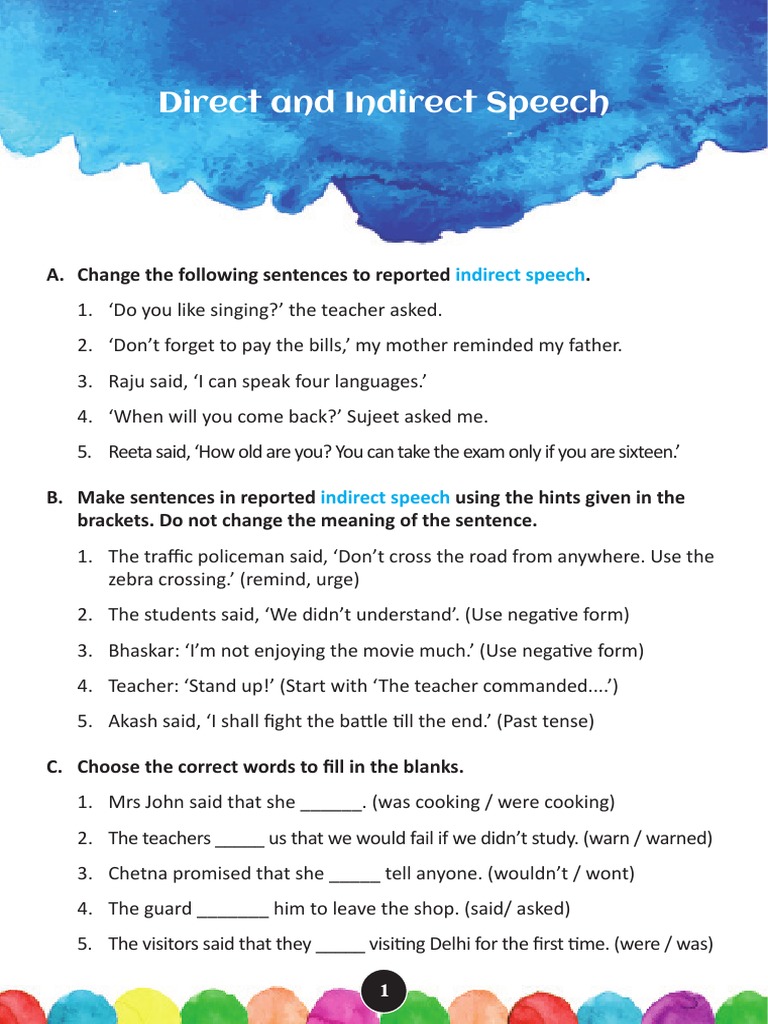 Direct and Indirect Speech Exercises | PDF | Language Mechanics | Cognition