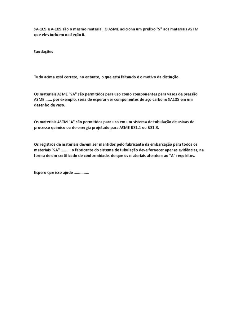 Diferenças entre SA-105 e A-105 | PDF
