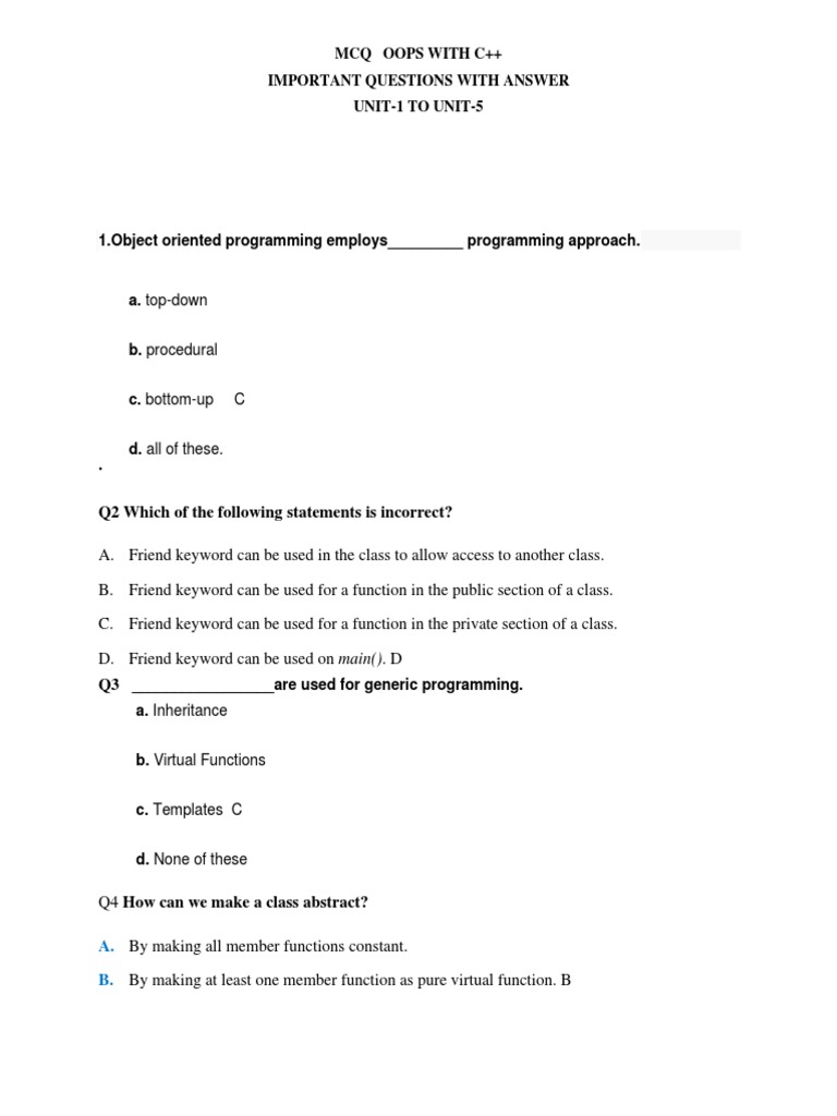 MCQ Oops With C++ Questions With Answer | PDF | Class (Computer ...