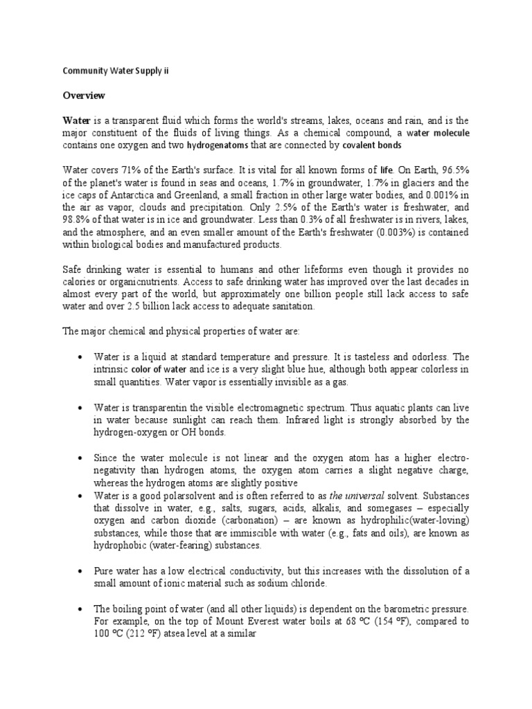 Community Water Supply NOTES 1 PDF Properties Of Water Water Cycle
