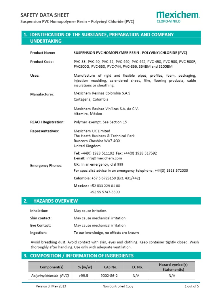 MSDS Suspension PVC Homopolymer Resin Polyvinyl Chloride (PVC) PDF
