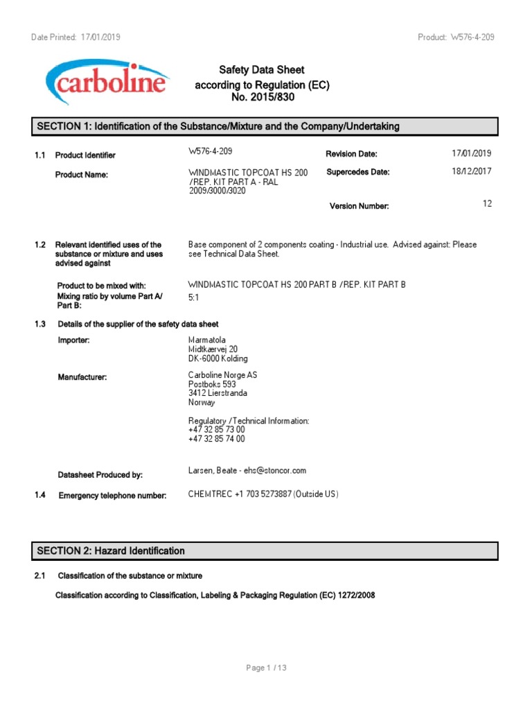 Safety Data Sheet for WINDMASTIC TOPCOAT HS 200 / REP. KIT PART A RAL