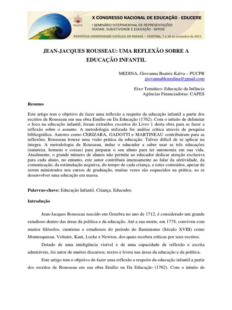Reflexões sobre Educação Infantil de Rousseau | PDF | Jean-Jacques ...