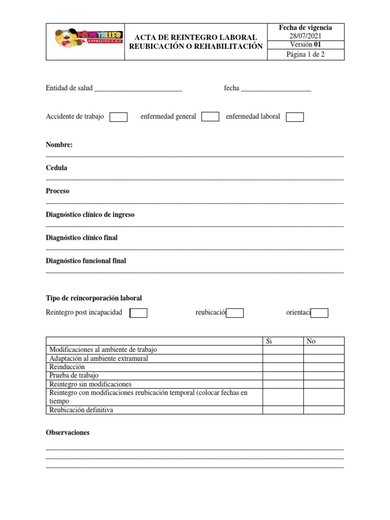 Acta de Reintegro Laboral | PDF | Enfermedades y trastornos | Cuidado ...