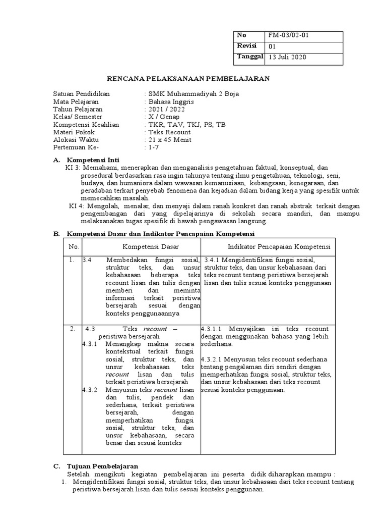Rencana Pembelajaran Teks Recount | PDF | Seni