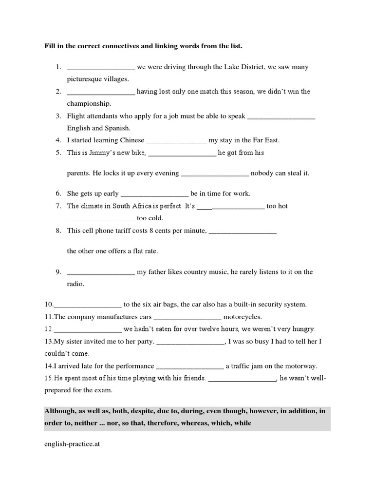 Fill in The Correct Connectives and Linking Words From The List | PDF