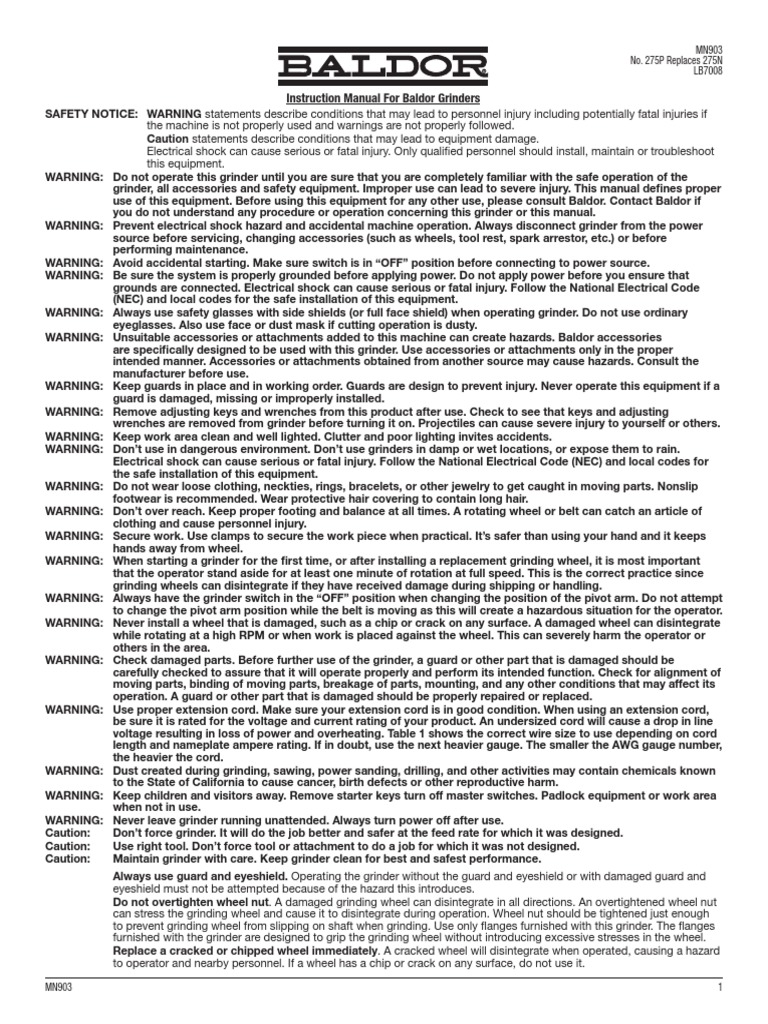 Instruction Manual For Baldor Grinders: MN903 No. 275P Replaces 275N