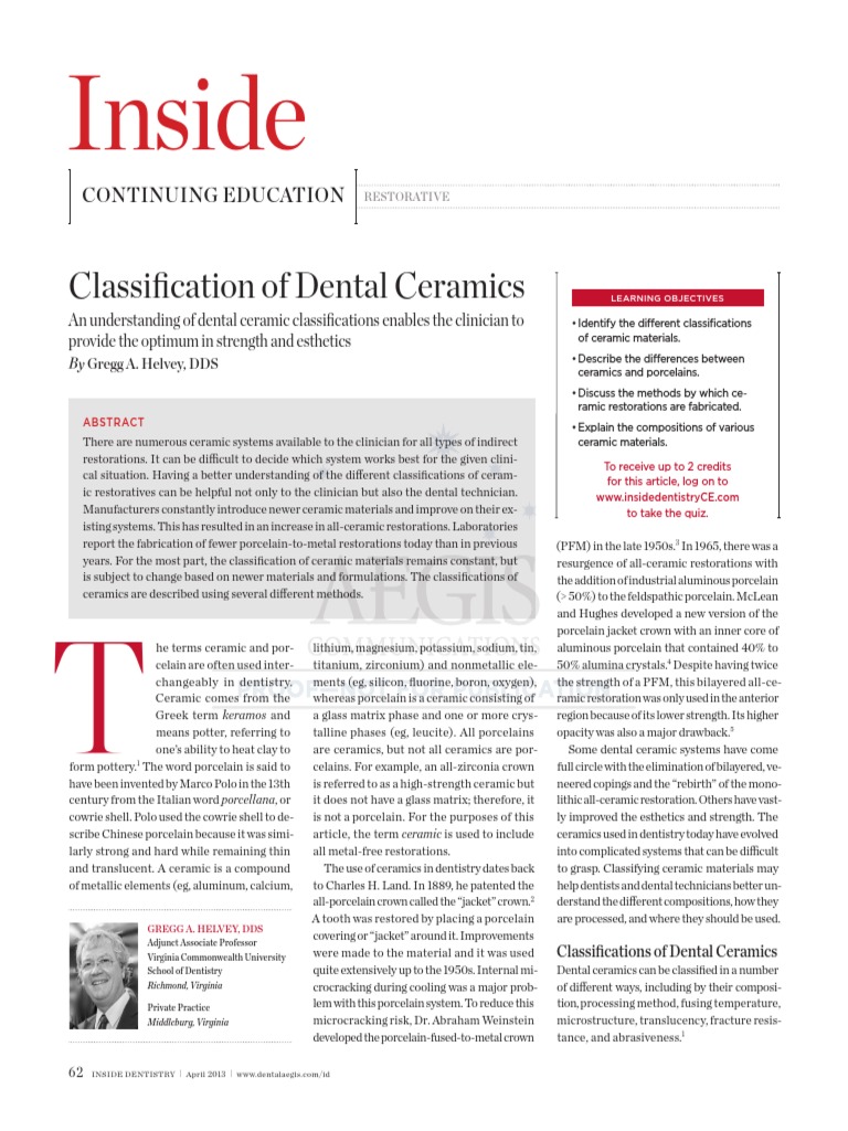 Inside Classification of Dental Ceramics PDF Ceramics Sintering