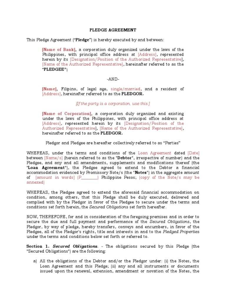 Pledge Agreement for Loan Security | PDF | Lien | Deed