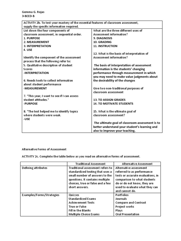 WEEK 2 Activities 2b, 2c&2d | PDF | Educational Assessment ...